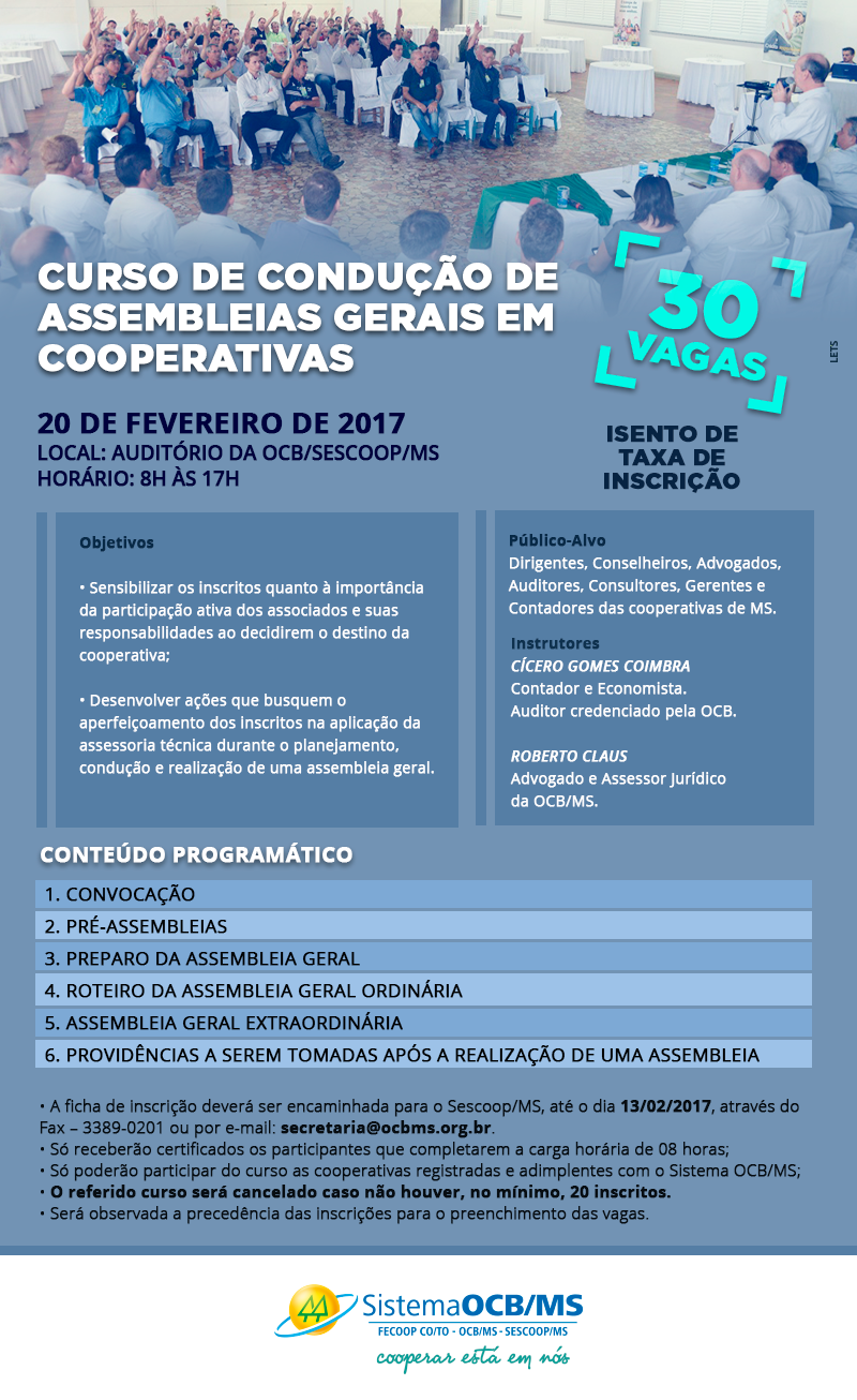 Inscricões para o Curso de Conducão de Assembleias Gerais encerram dia 20