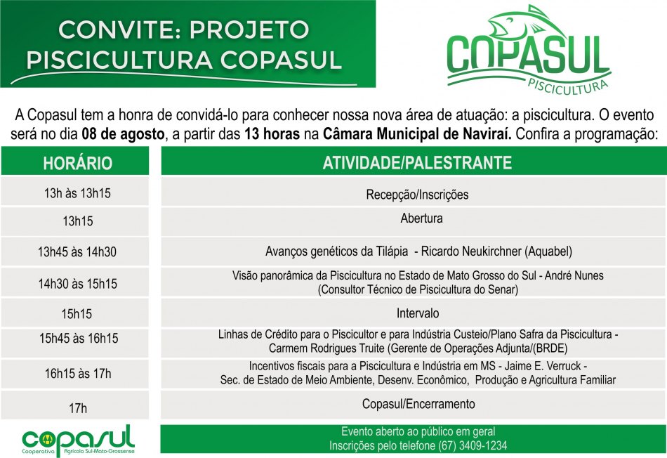 Copasul vai promover evento sobre piscicultura