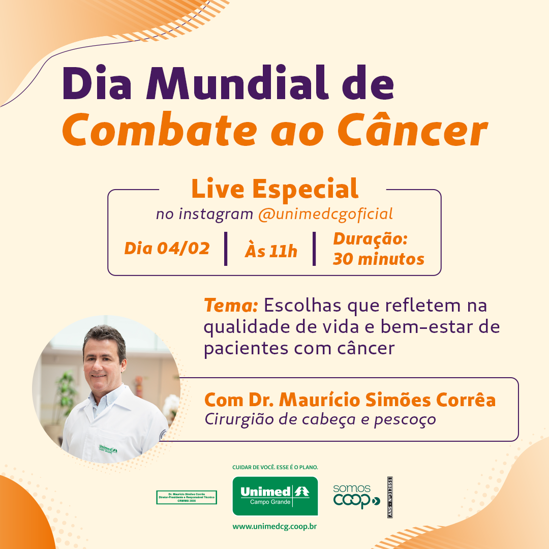 Cooperativa médica fará live em alusão ao Dia Mundial de Combate ao Câncer, celebrado amanhã